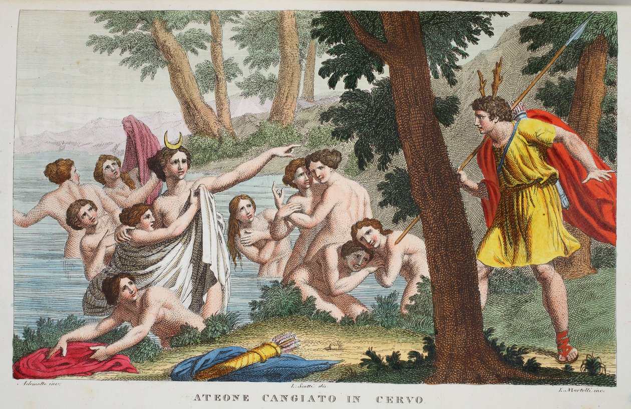 Actaeon em um Stag ou Ateone Cangiato em Cervo, ilustração de Metamorfoses de Ovídio, Florença, 1832 (gravura colorida à mão) de Luigi Ademollo