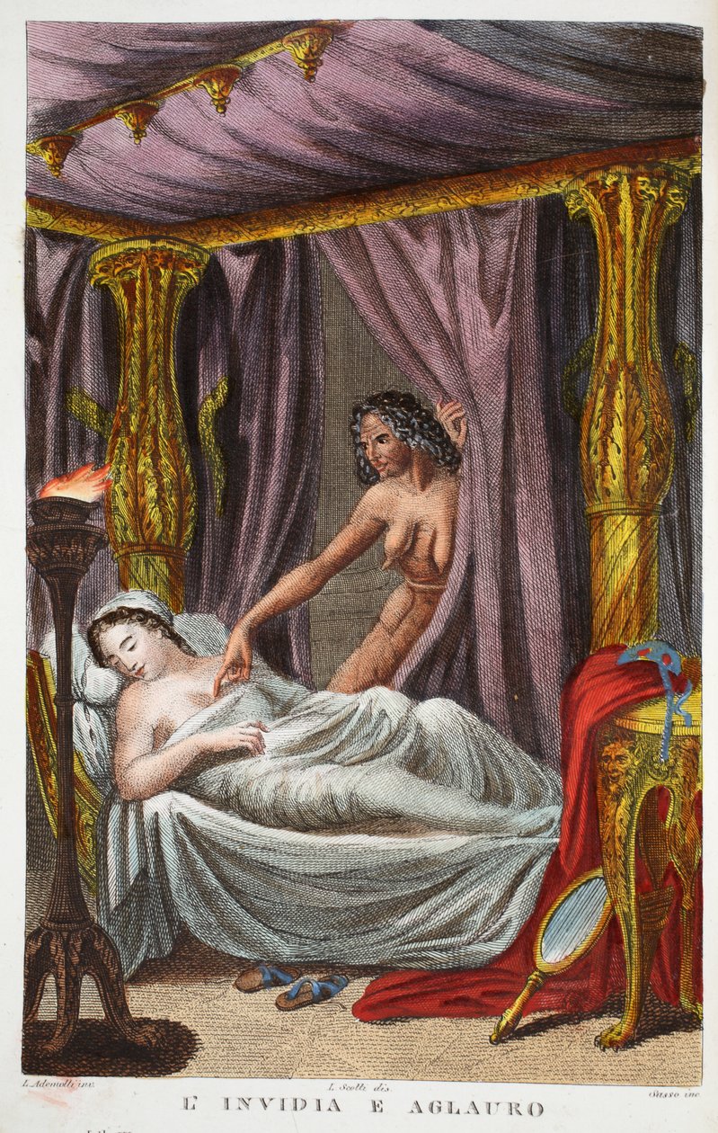 Aglauros e Inveja ou L&39;Invidia e Aglauro, Livro II, ilustração de Metamorfoses de Ovídio, Florença, 1832 (gravura colorida à mão) de Luigi Ademollo