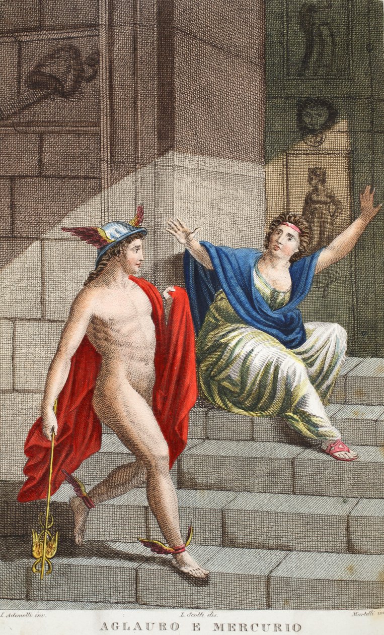 Aglauros e Mercúrio ou Aglauro e Mercurio, ilustração de Metamorfoses de Ovídio, Florença, 1832 (gravura colorida à mão) de Luigi Ademollo