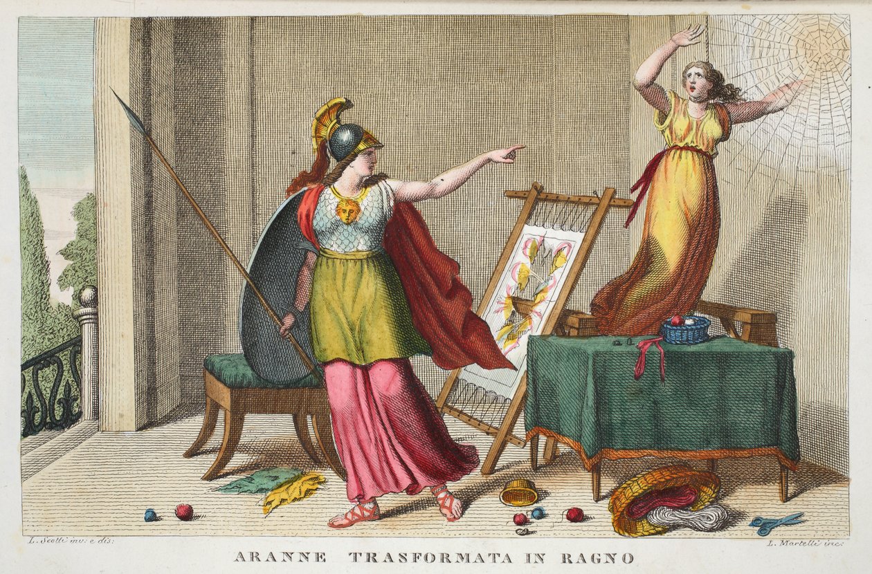 Arachne em uma aranha ou Aranne Trasformata em Ragno, livro VI, ilustração de Metamorfoses de Ovídio, Florença, 1832 (gravura colorida à mão) de Luigi Ademollo