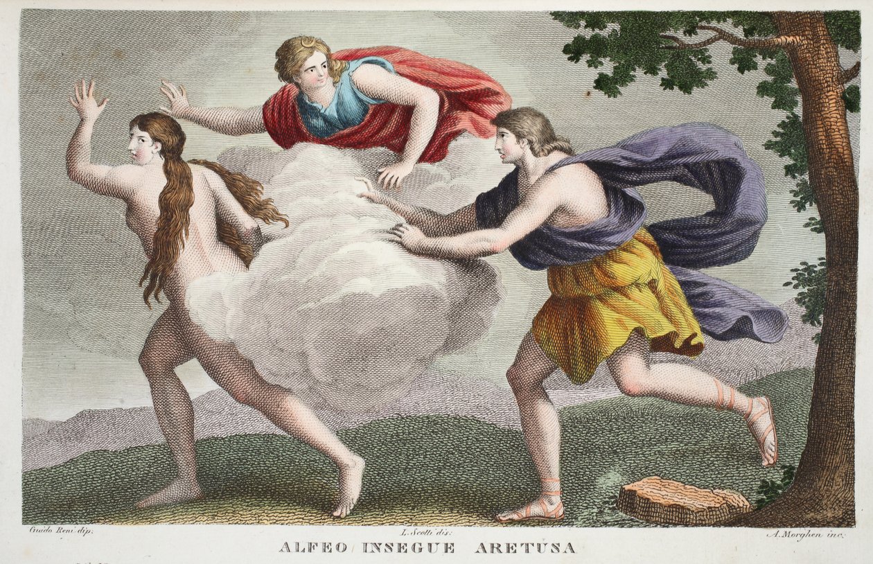 Aretusa em uma fonte ou Alfeo Insegue Aretusa, livro V, ilustração de Metamorfoses de Ovídio, Florença, 1832 (gravura colorida à mão) de Luigi Ademollo