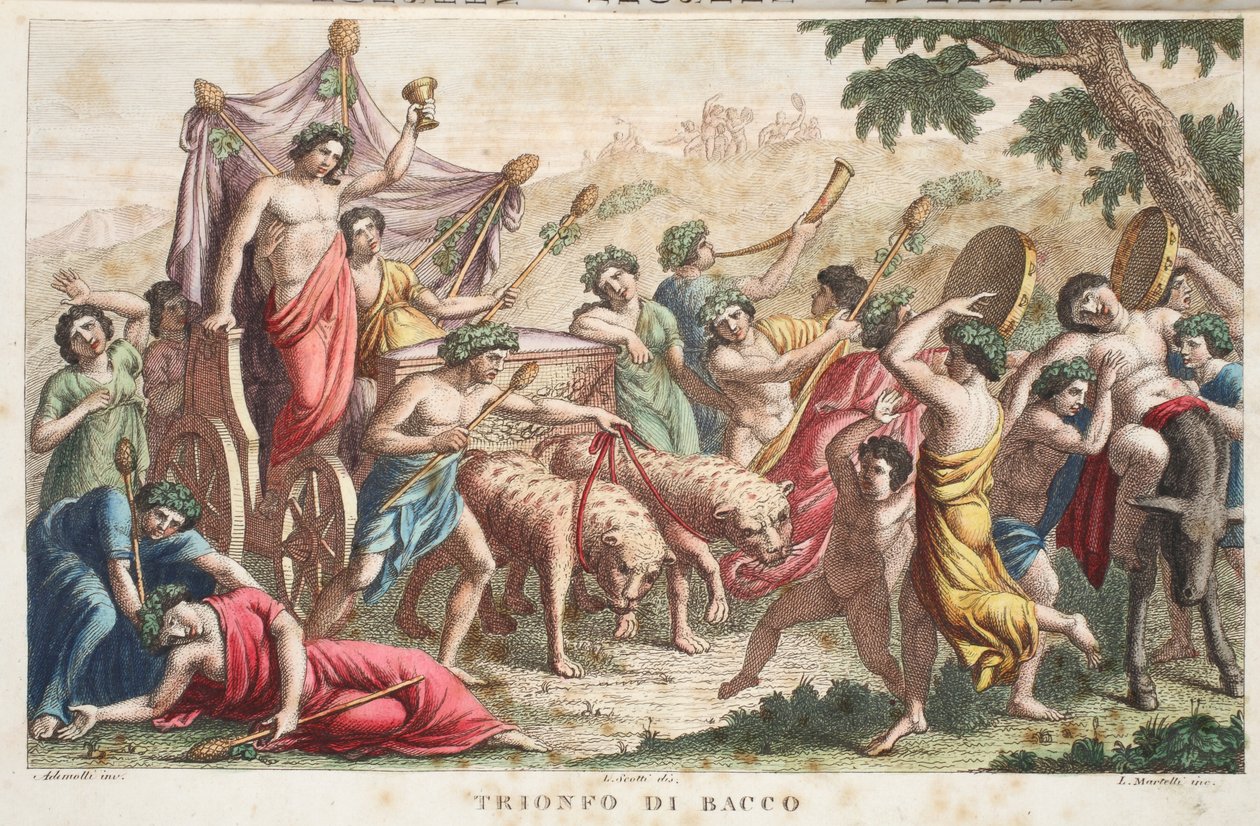 Ritos de Baco ou Triunfo ou Trionfo di Bacco, Livro III, ilustração de Metamorfoses de Ovídio, Florença, 1832 (gravura colorida à mão) de Luigi Ademollo