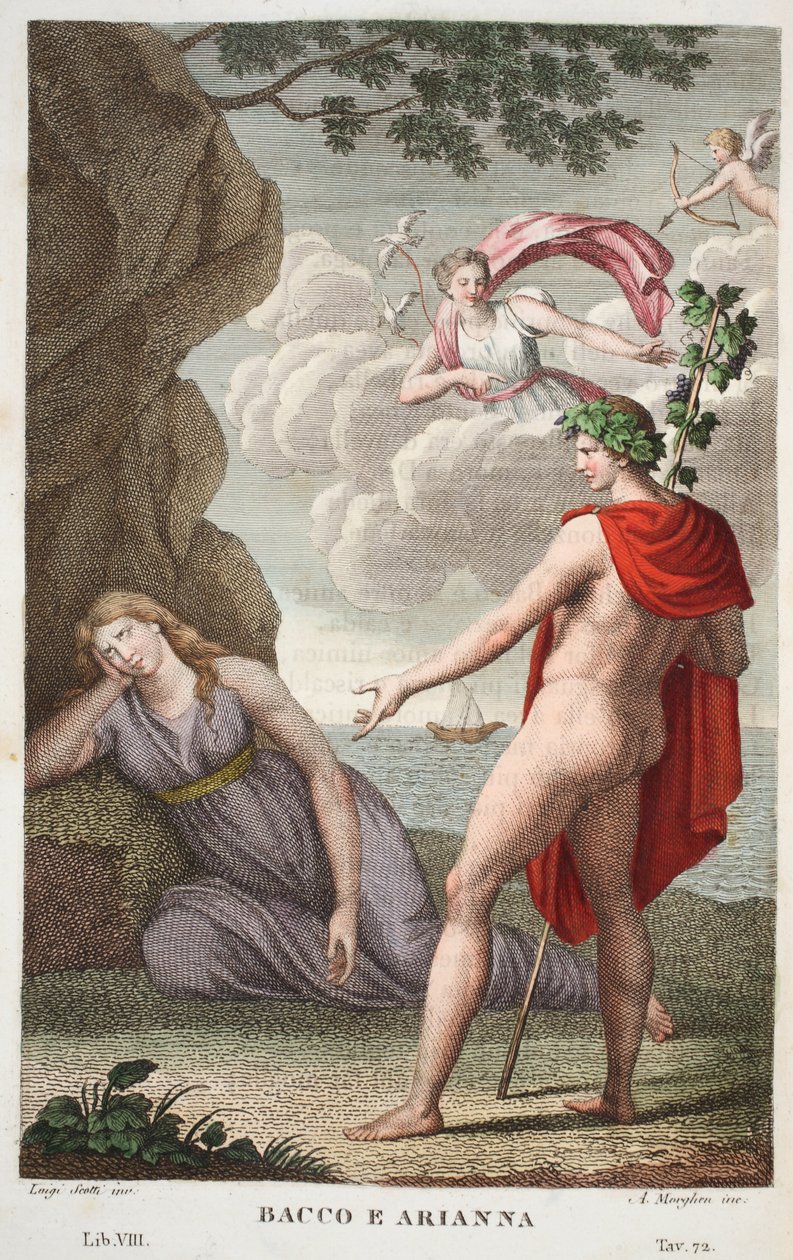 Baco e Ariadne ou Bacco e Arianna, Livro VIII, ilustração de Metamorfoses de Ovídio, Florença, 1832 (gravura colorida à mão) de Luigi Ademollo