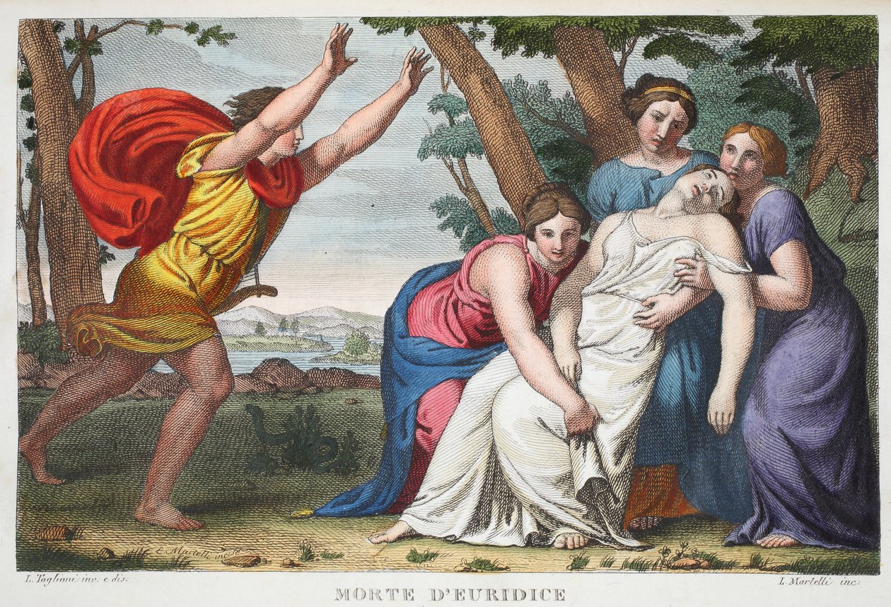 Morte de Eurídice ou Morte d&39;Euridice, Livro X, ilustração de Metamorfoses de Ovídio, Florença, 1832 (gravura colorida à mão) de Luigi Ademollo