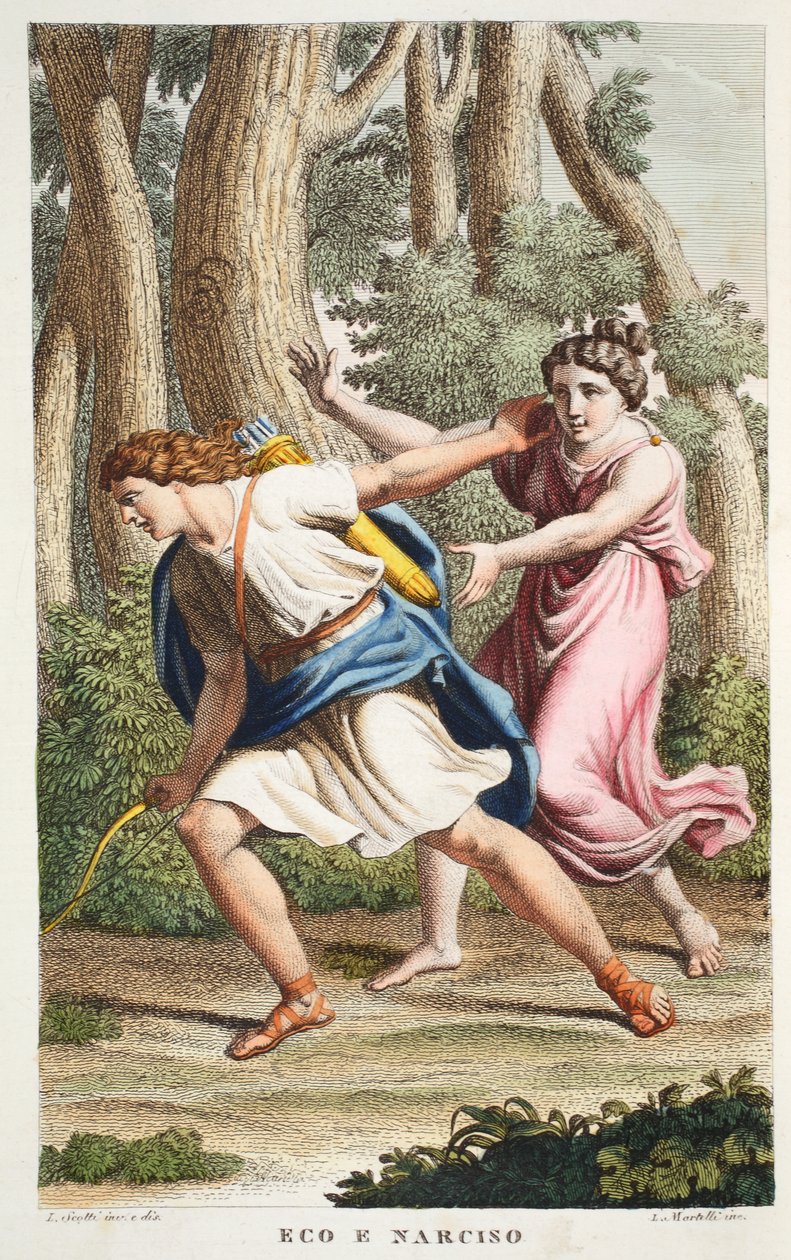Eco e Narciso ou Eco e Narciso, Livro III, ilustração de Metamorfoses de Ovídio, Florença, 1832 (gravura colorida à mão) de Luigi Ademollo