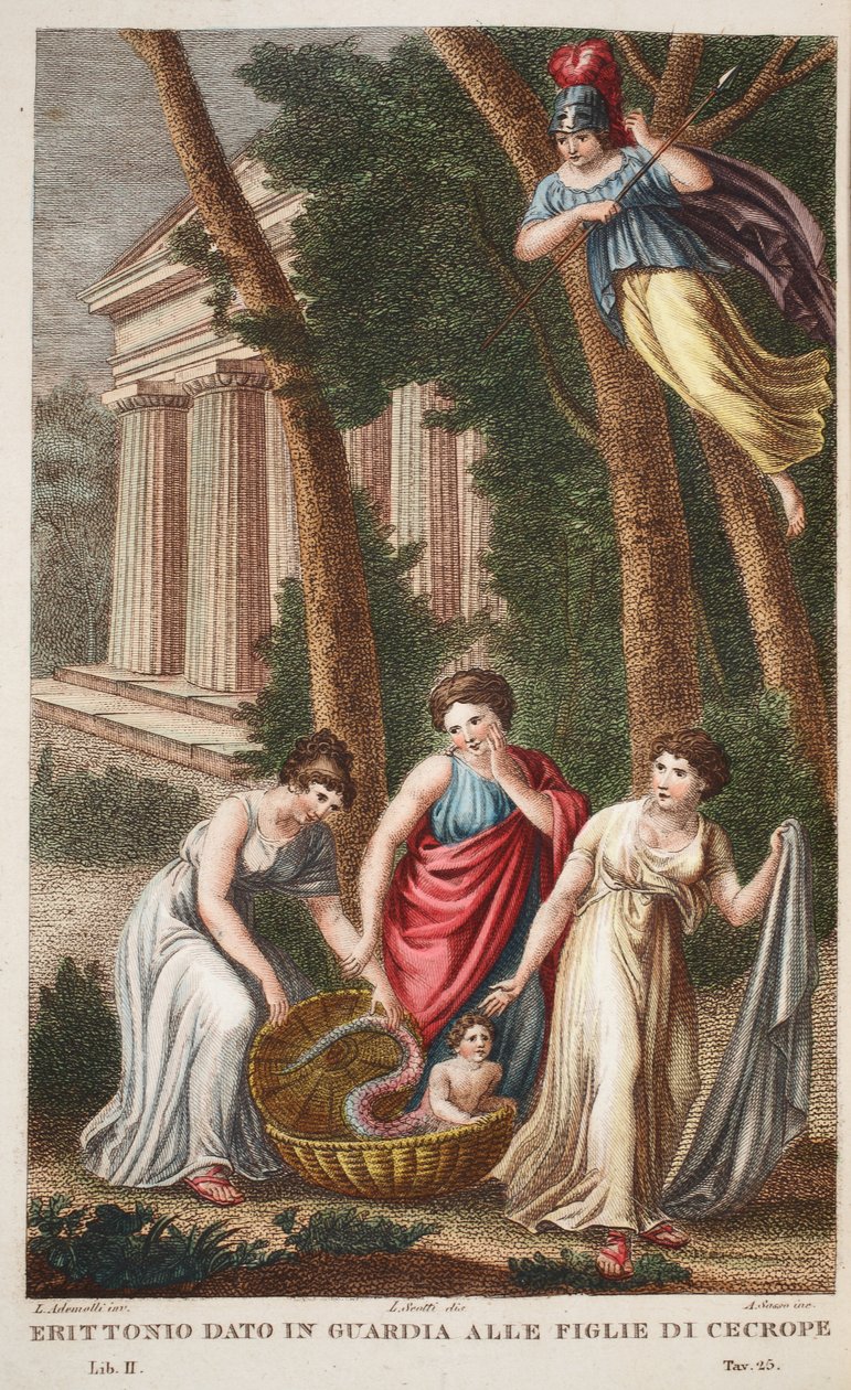 Erichthonius com pés de dragão ou dados de Erittonio em Guardia alle Figlie de Cecrope, livro II, ilustração de Metamorfoses de Ovídio, Florença, 1832 (gravura colorida à mão) de Luigi Ademollo