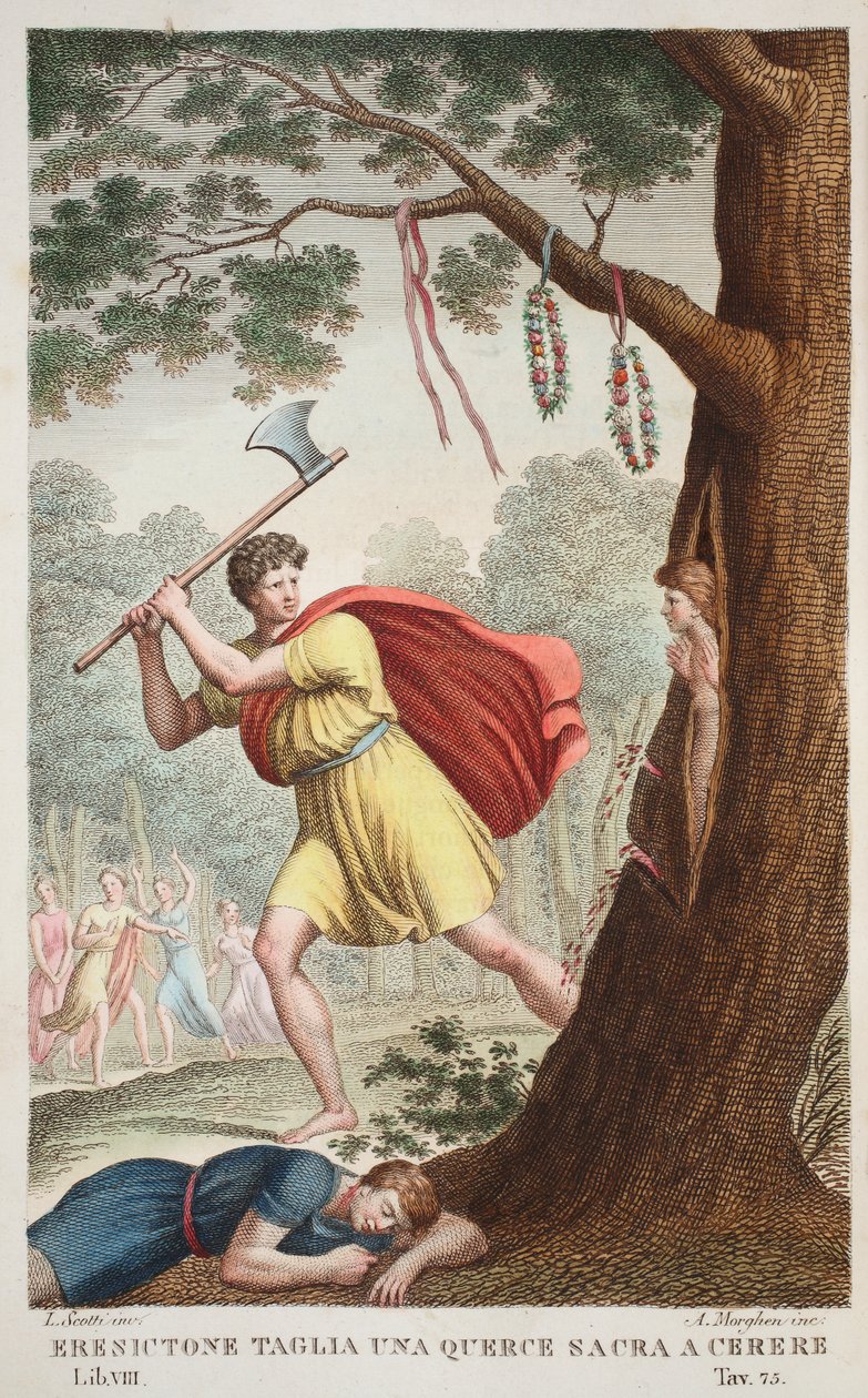 O orgulho de Erisícton ou Eresictone corta um carvalho sagrado a Ceres, livro VIII, ilustração das Metamorfoses de Ovídio, Florença, 1832 de Luigi Ademollo