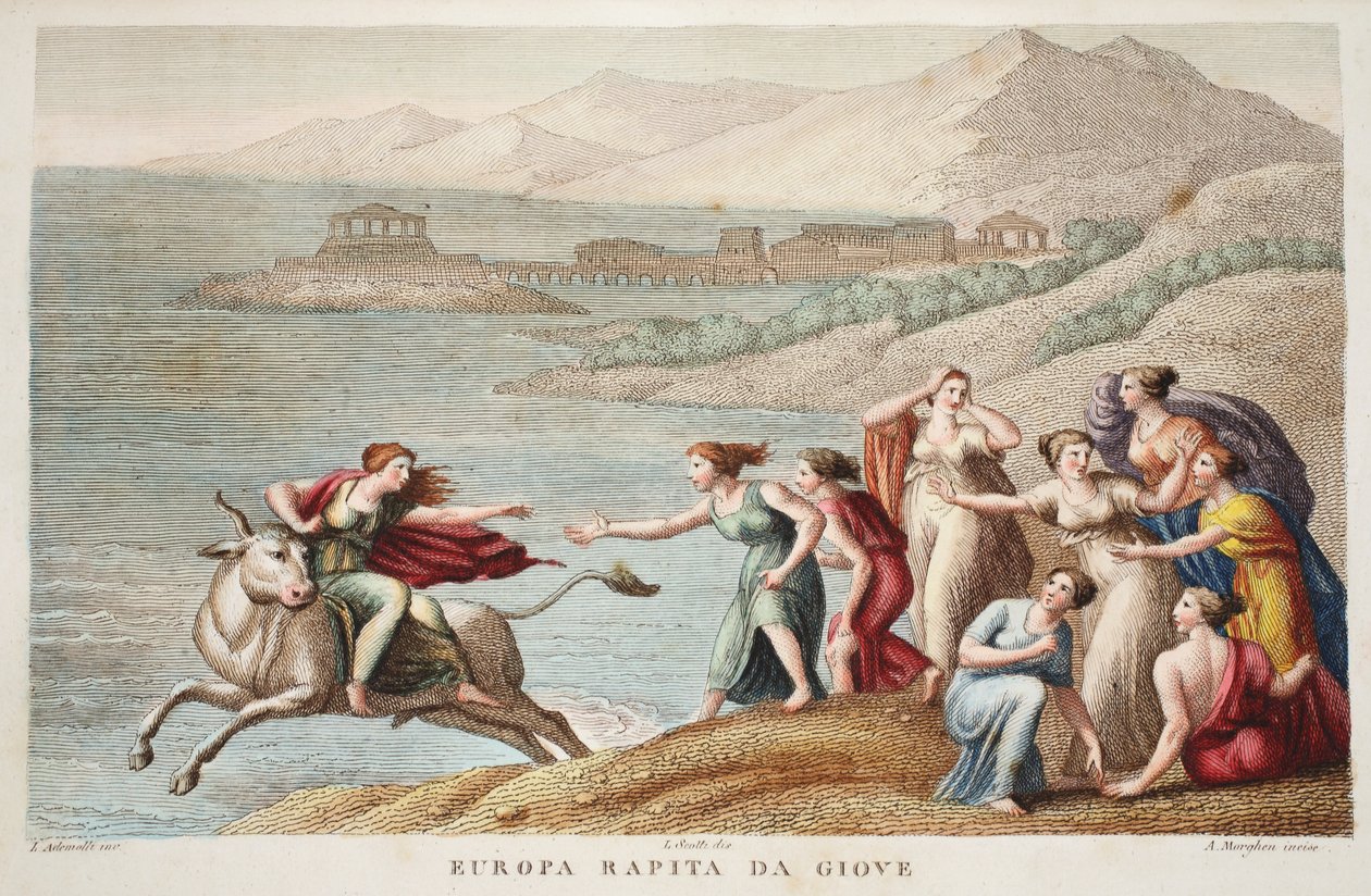 Europa ou Europa Rapita da Giove, ilustração de Metamorfoses de Ovídio, Florença, 1832 (gravura colorida à mão) de Luigi Ademollo