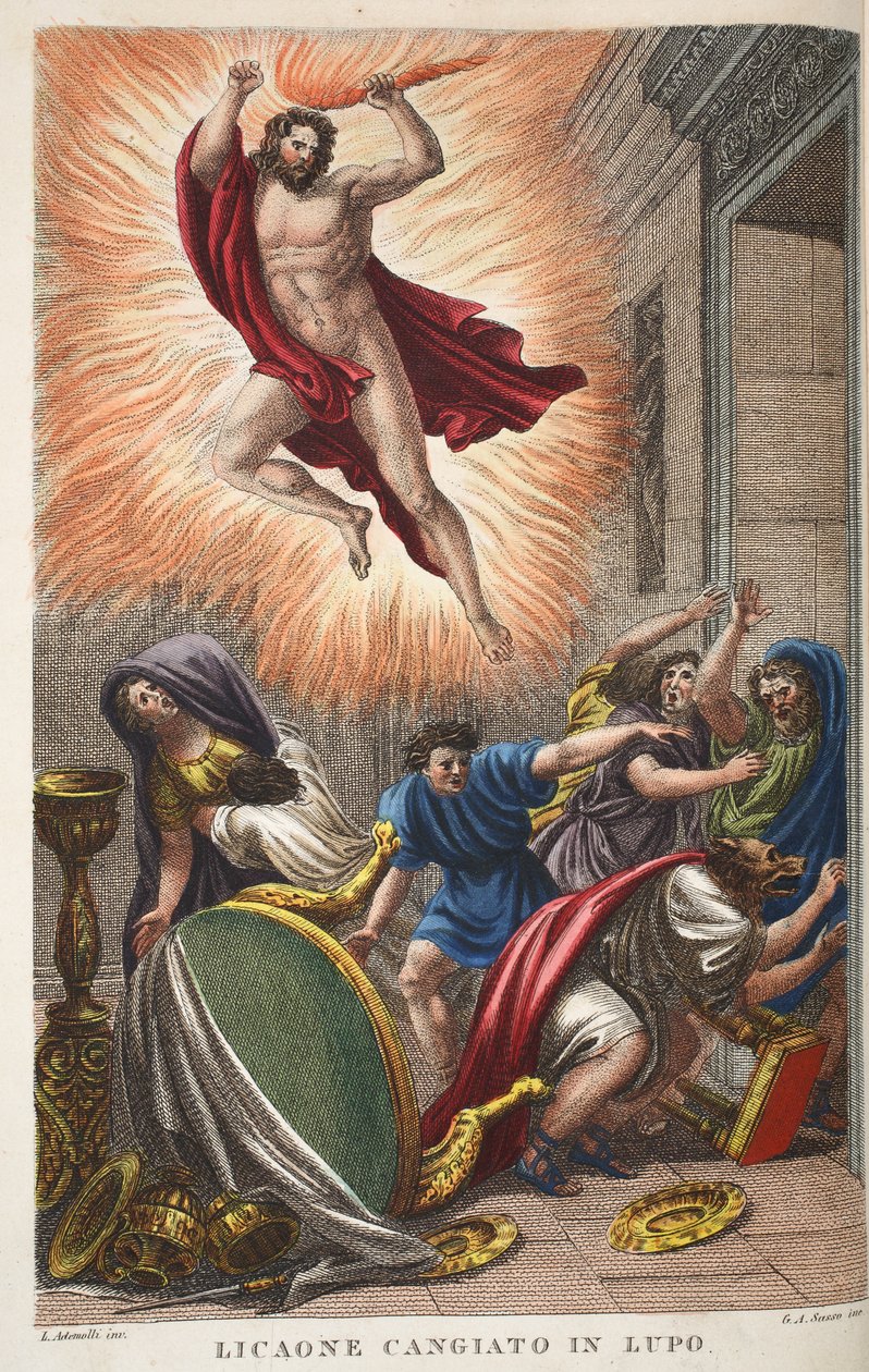 Lycaon em um lobo ou Licaone Cangiato em Lupo, ilustração de Metamorfoses de Ovídio, Florença, 1832 (gravura colorida à mão) de Luigi Ademollo
