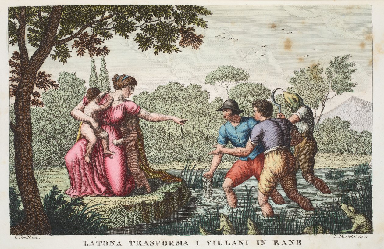 Riquês Lícia em Rãs ou Latona transforma I Villani em Rane, Livro VI, ilustração de Metamorfoses de Ovídio, Florença, 1832 (gravura colorida à mão) de Luigi Ademollo