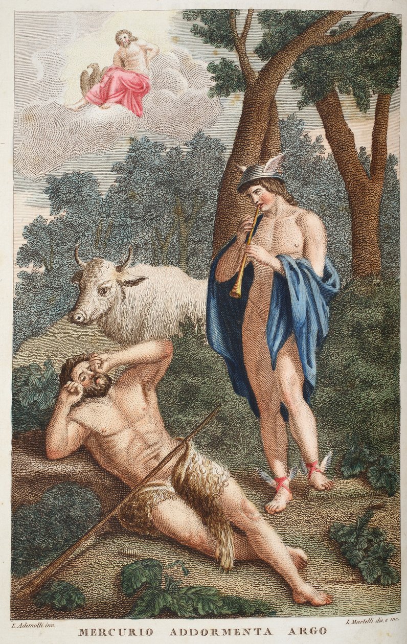 Mercúrio coloca Argus para dormir ou Mercurio Addormenta Argo, ilustração de Metamorfoses de Ovídio, Florença, 1832 (gravura colorida à mão) de Luigi Ademollo