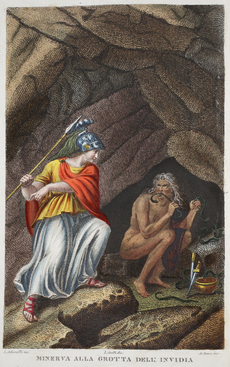 Minerva visita Inveja ou Minerva toda Grotta deli Invidia, ilustração de Metamorfoses de Ovídio, Florença, 1832 (gravura colorida à mão) de Luigi Ademollo