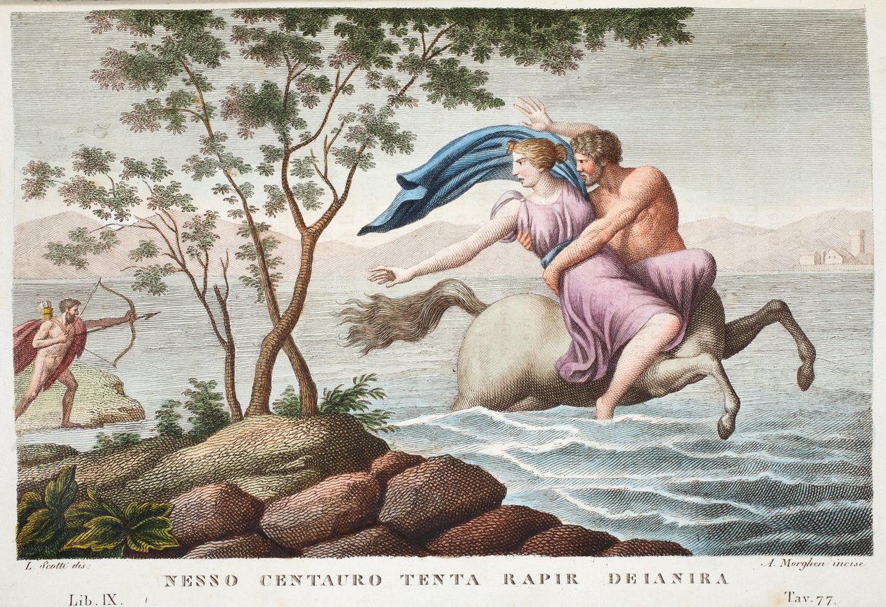 Nessus e Deianira ou Nesso Centauro Tenta Rapir Deianira, Livro IX, ilustração de Metamorfoses de Ovídio, Florença, 1832 (gravura à mão) de Luigi Ademollo