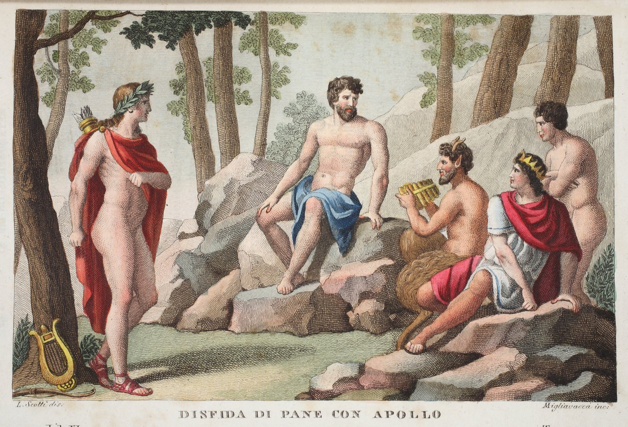 Pan e Apolo ou Dinfida di Pane con Apolo, Livro XI, ilustração de Metamorfoses de Ovídio, Florença, 1832 (gravura colorida à mão) de Luigi Ademollo