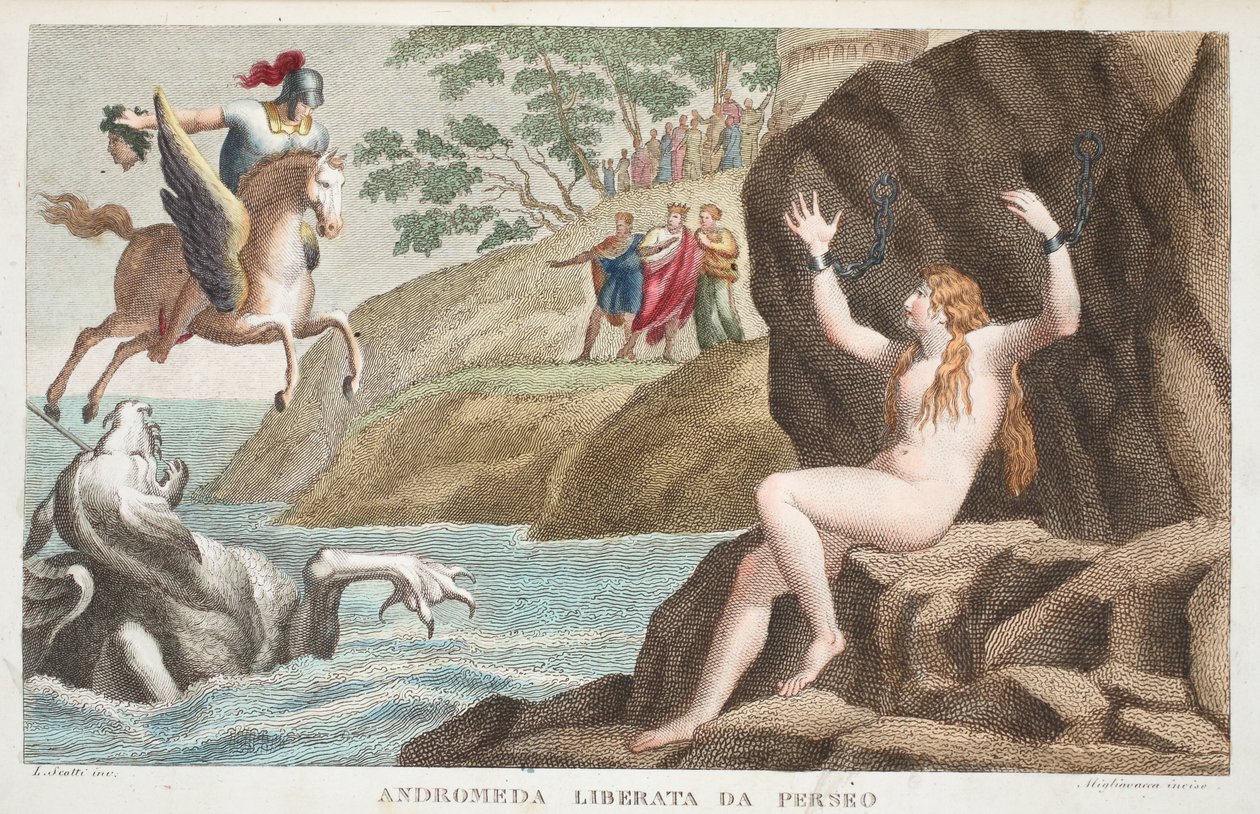 Perseu e Andrômeda ou Andrômeda Liberata da Perseo, Livro IV, ilustração de Metamorfoses de Ovídio, Florença, 1832 (gravura colorida à mão) de Luigi Ademollo