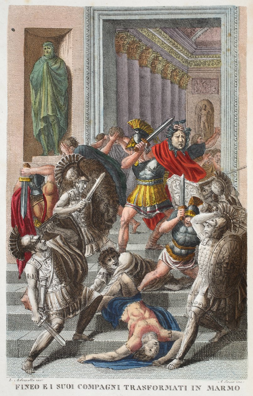 Fineus e Amigos em Pedra ou Fineo ei suoi Compagni Transformati em Marmo, Livro V, ilustração de Metamorfoses de Ovídio, Florença, 1832 (gravura colorida à mão) de Luigi Ademollo