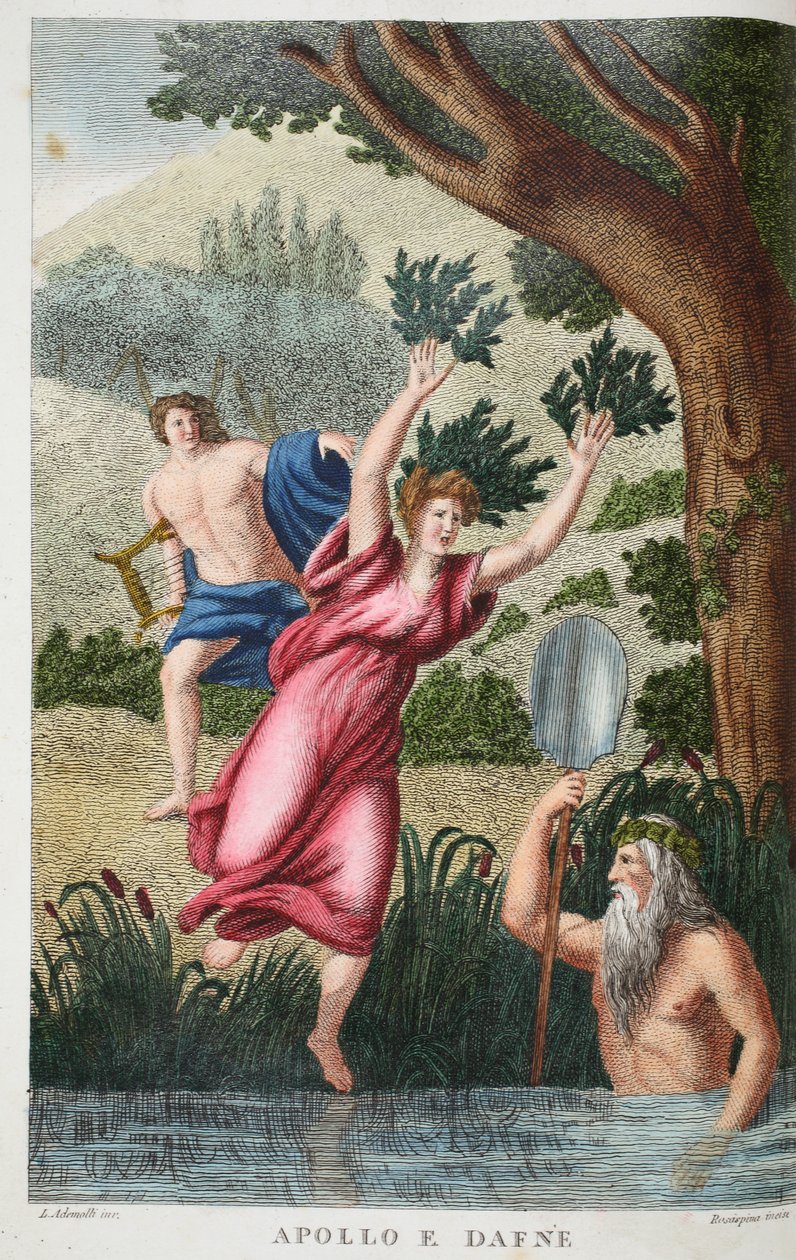 Phoebus e Daphne ou Apollo e Dafne, ilustração de Metamorfoses de Ovídio, Florença, 1832 (gravura colorida à mão) de Luigi Ademollo