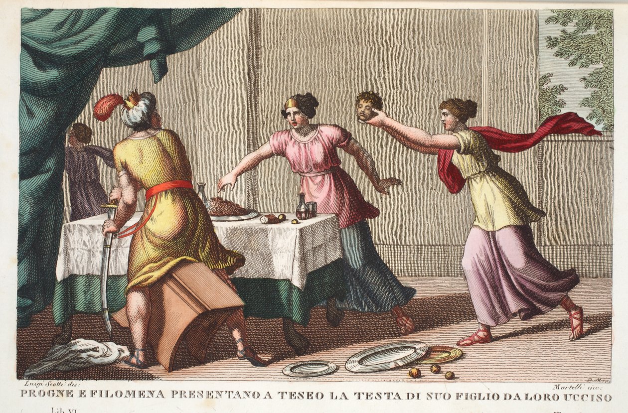 Procne, Philomela, e Tereus Driven Insane ou Progne e Filomena apresentam a Teseo a Cabeça de seu Filho de Sua Morte, Livro VI, ilustração de Metamorfoses de Ovídio, Florença, 1832 (colo-de-mão) de Luigi Ademollo