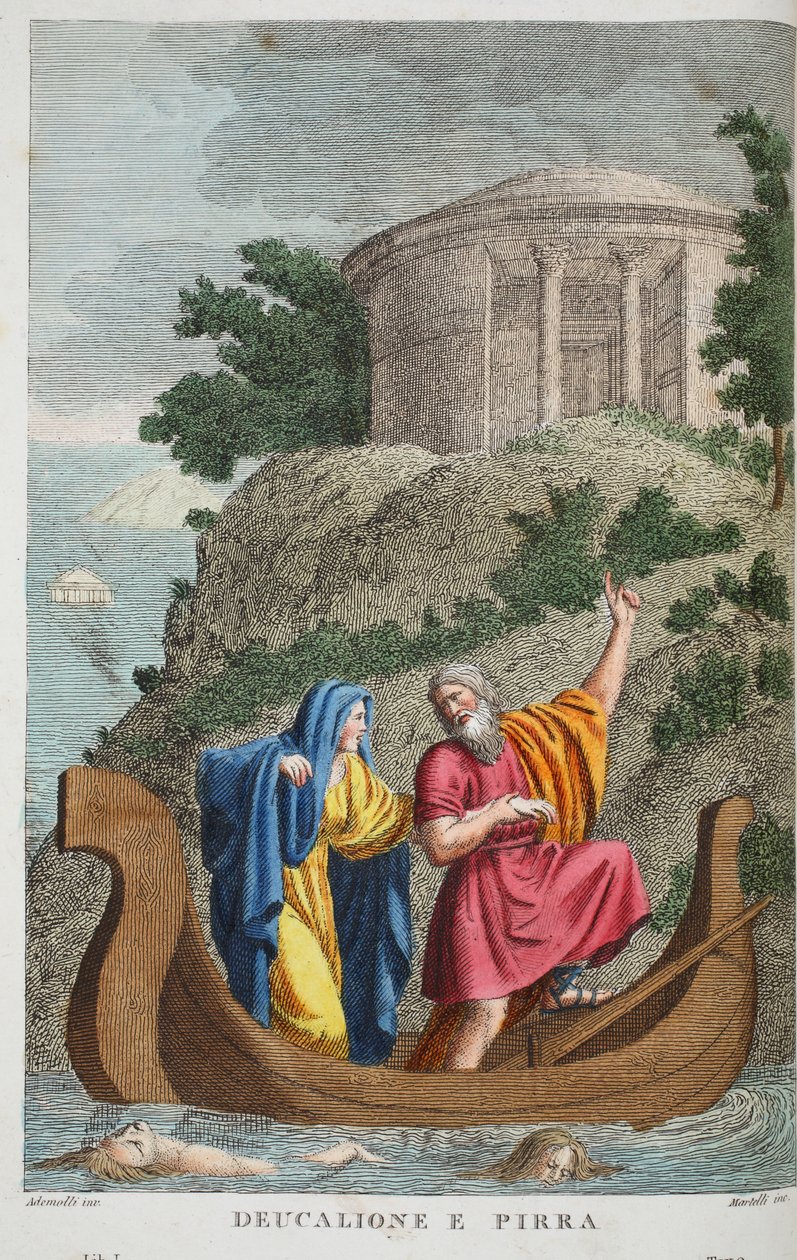 Pirra e Deucalião ou Deucalião e Pirra, ilustração de Metamorfoses de Ovídio, Florença, 1832 (gravura colorida à mão) de Luigi Ademollo