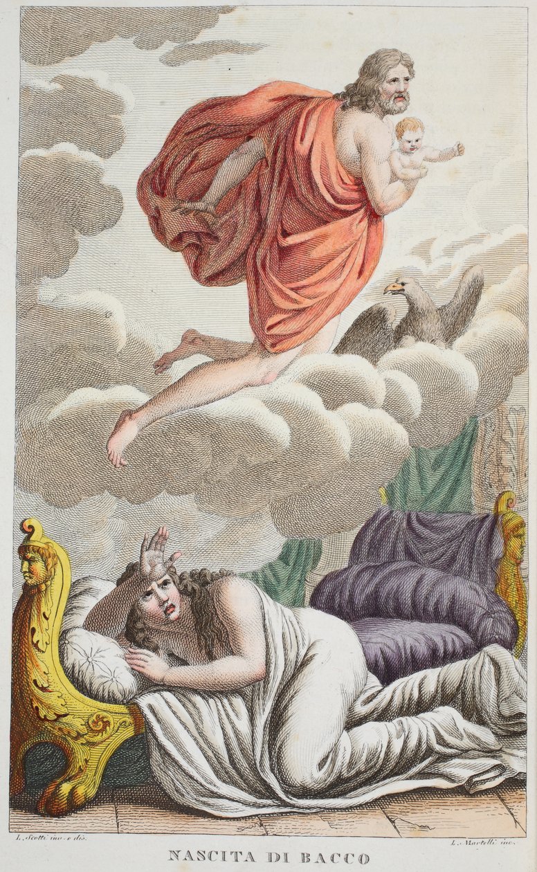 Semele é Thunderstruck ou Nascita de Bacco, ilustração de Metamorfoses de Ovídio, Florença, 1832 (gravura colorida à mão) de Luigi Ademollo