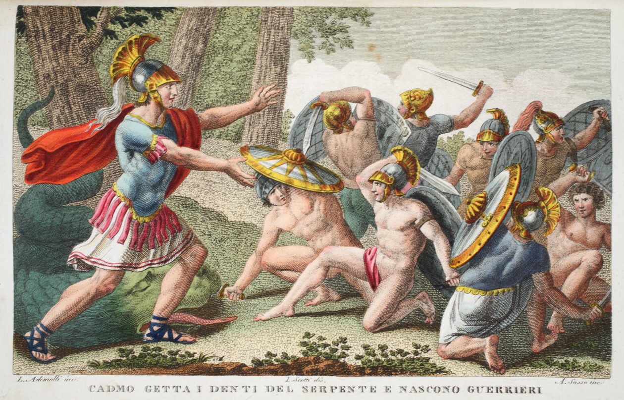 Soldados brotam dos dentes da Serpente ou Cadmo obtém os dentes da serpente e das Guerreiras, ilustração de Metamorfoses de Ovídio, Florença, 1832 (gravura colorida à mão) de Luigi Ademollo