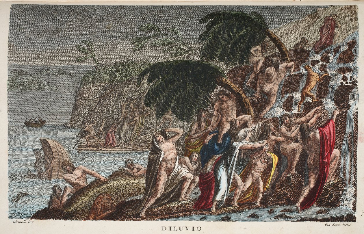 O Dilúvio ou Dilúvio, Livro I, ilustração de Metamorfoses de Ovídio, Florença, 1832 (gravura colorida à mão) de Luigi Ademollo