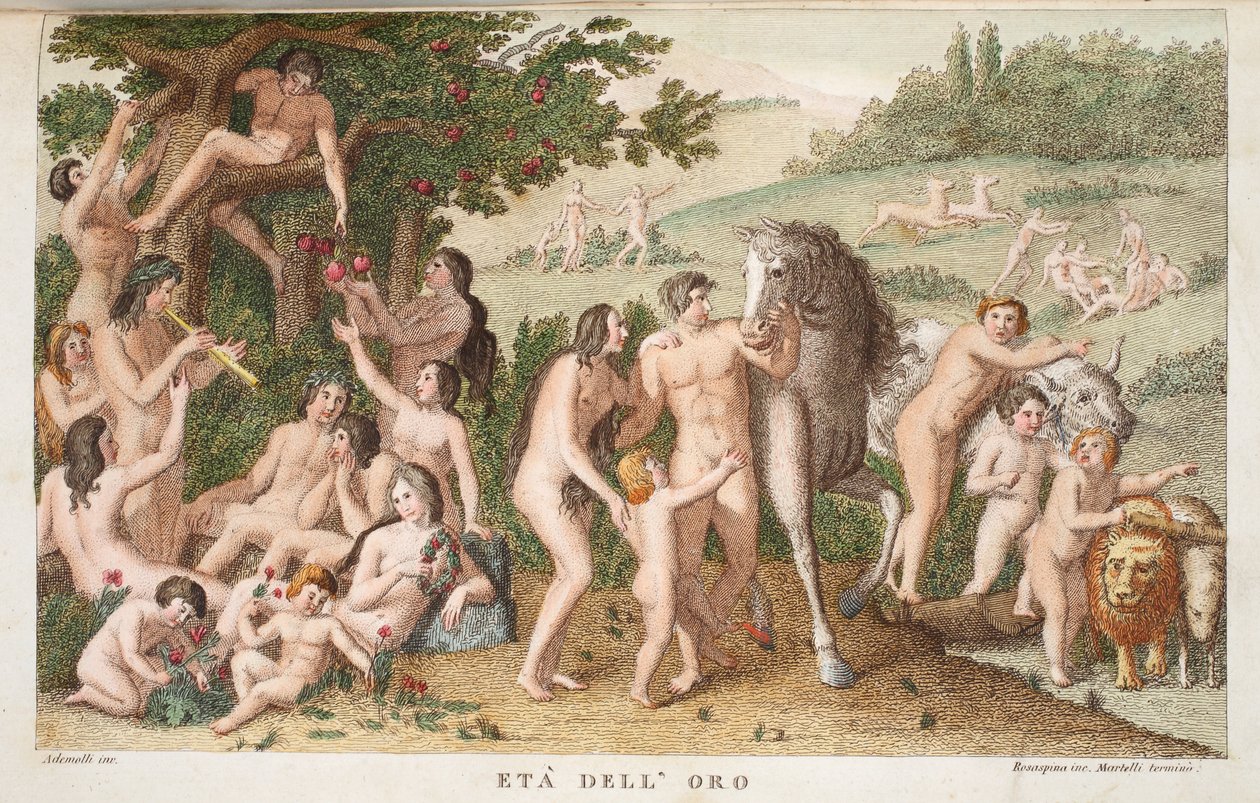 A Idade de Ouro ou Eta dell&39;Oro, ilustração de Metamorfoses de Ovídio, Florença, 1832 (gravura colorida à mão) de Luigi Ademollo