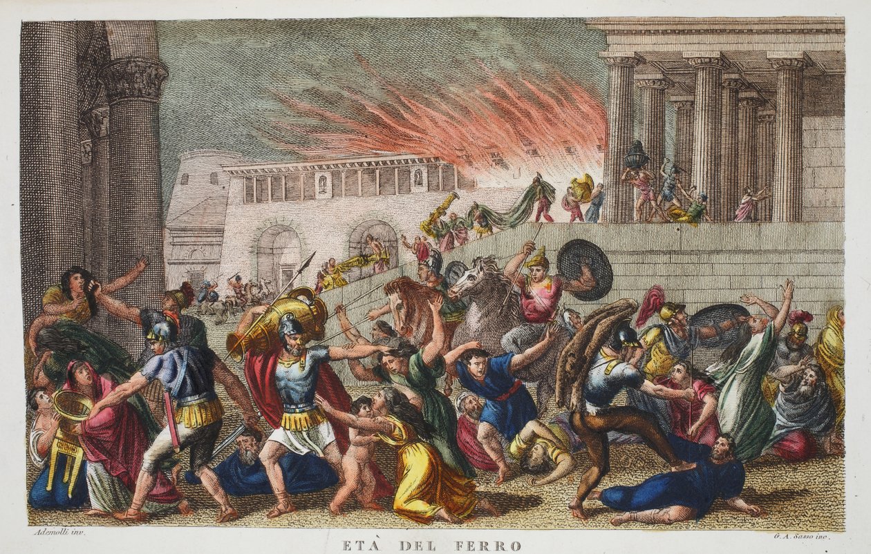 A Idade do Ferro ou Eta del Ferro, ilustração de Metamorfoses de Ovídio, Florença, 1832 (gravura colorida à mão) de Luigi Ademollo