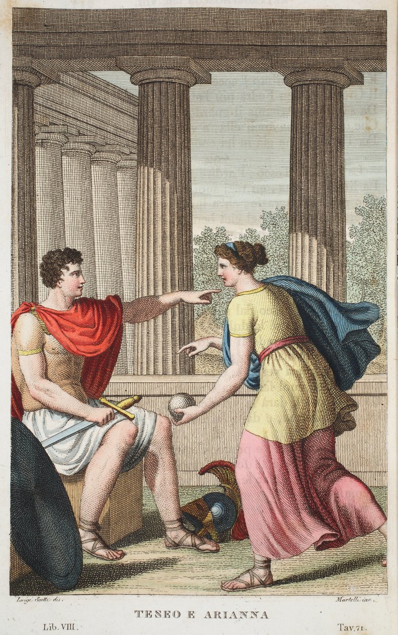 Teseu e Ariadne ou Terro e Arianna, Livro VIII, ilustração de Metamorfoses de Ovídio, Florença, 1832 (gravura colorida à mão) de Luigi Ademollo