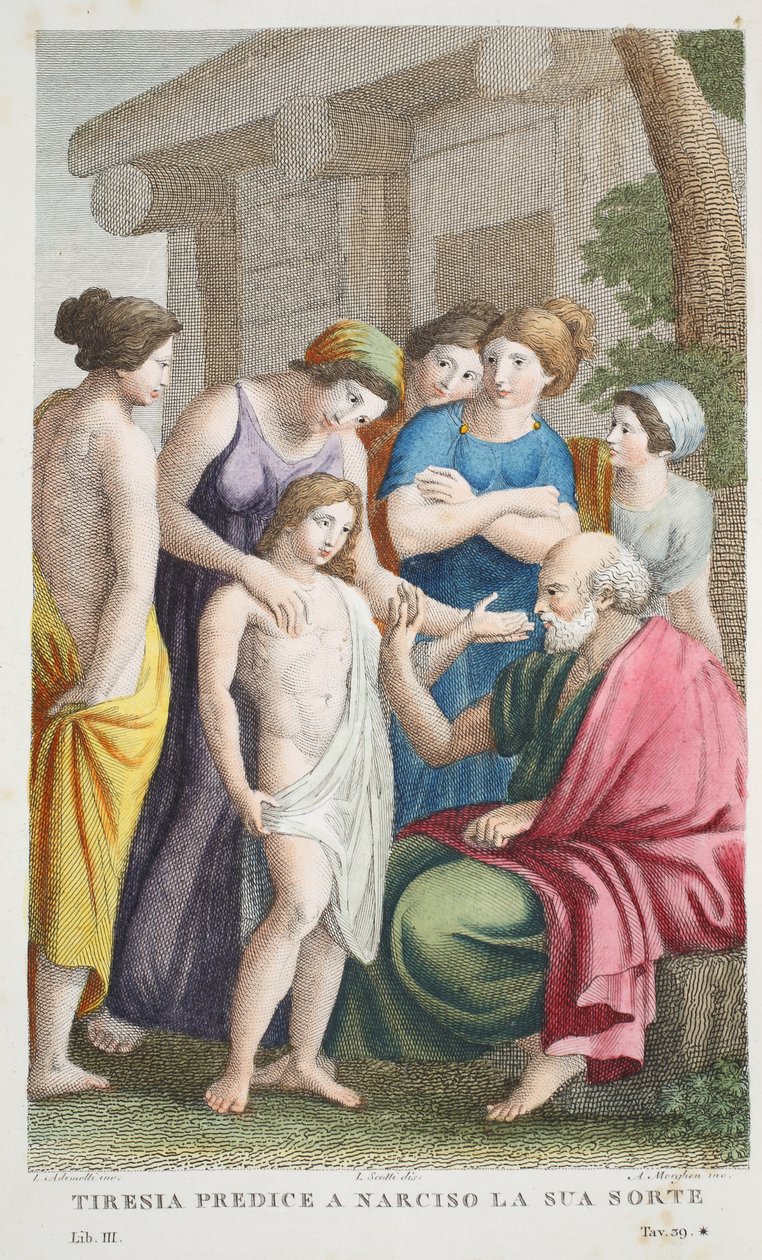 Tiresias Profecias ou Tirenia predizer um Narciso la sua sorte, Livro III, ilustração de Metamorfoses de Ovídio, Florença, 1832 (gravura colorida à mão) de Luigi Ademollo