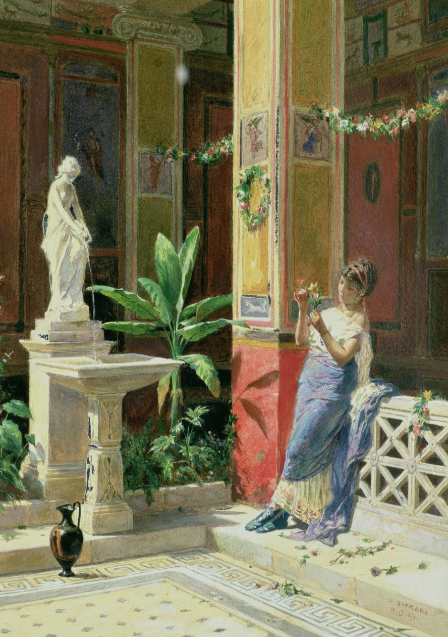 Em um pátio em Pompéia, 1878 (lápis e wc no papel) de Luigi Bazzani