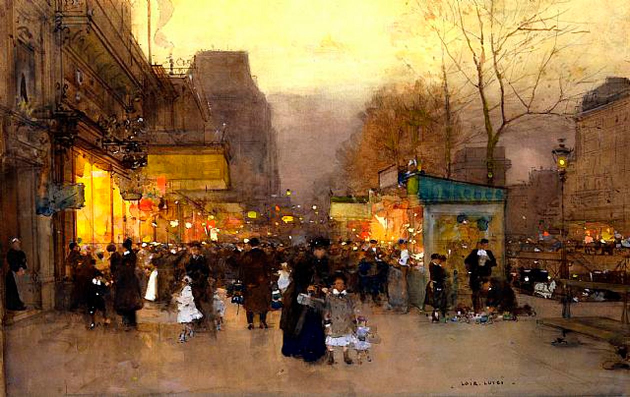 Porte St Martin na época do Natal, Paris, c.1890 (têmpera no painel) de Luigi Loir