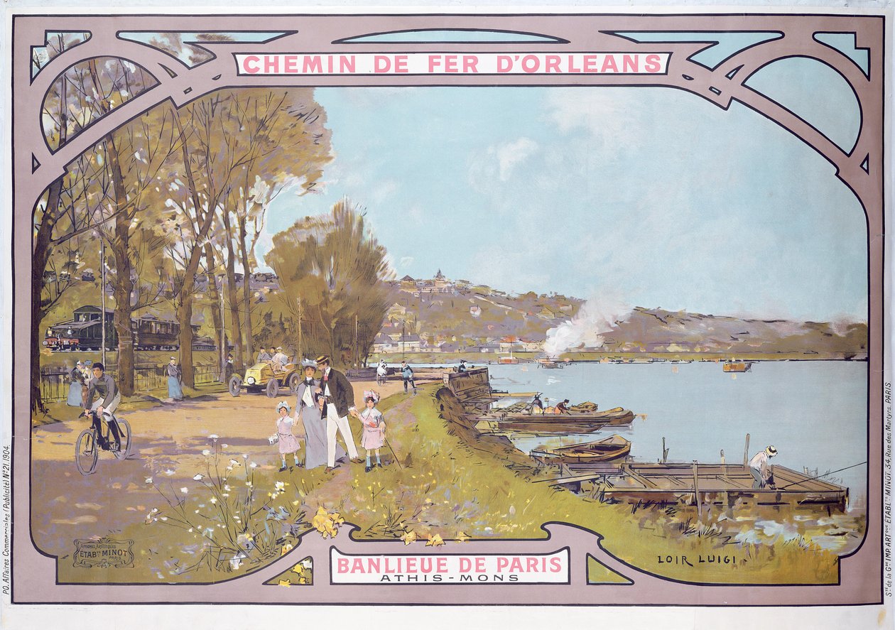 Cartaz publicitário das atrações de uma visita ao subúrbio parisiense de Athis-Mons com os &39;Chemins de Fer d&39;Orleans&39;, 1910-14 de Luigi Loir