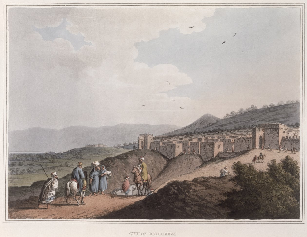 Belém na Palestina, vista da parte principal da cidade com as montanhas da Arábia Petraea, de &39;Views in the Ottoman Dominions&39;, 1810 (aquatinta colorido) de Luigi Mayer