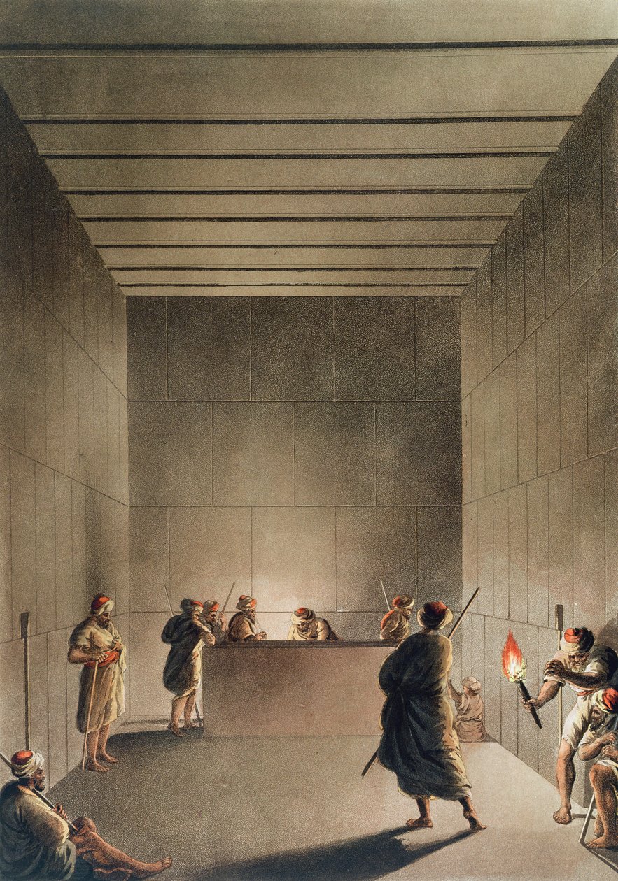 Câmara e sarcófago na Grande Pirâmide de Giza, placa 6 de "Vistas no Egito", gravada por Thomas Milton (1743-1827) pub. por Robert Bowyer (1758-1834) 1801 (aquatinta) de Luigi Mayer