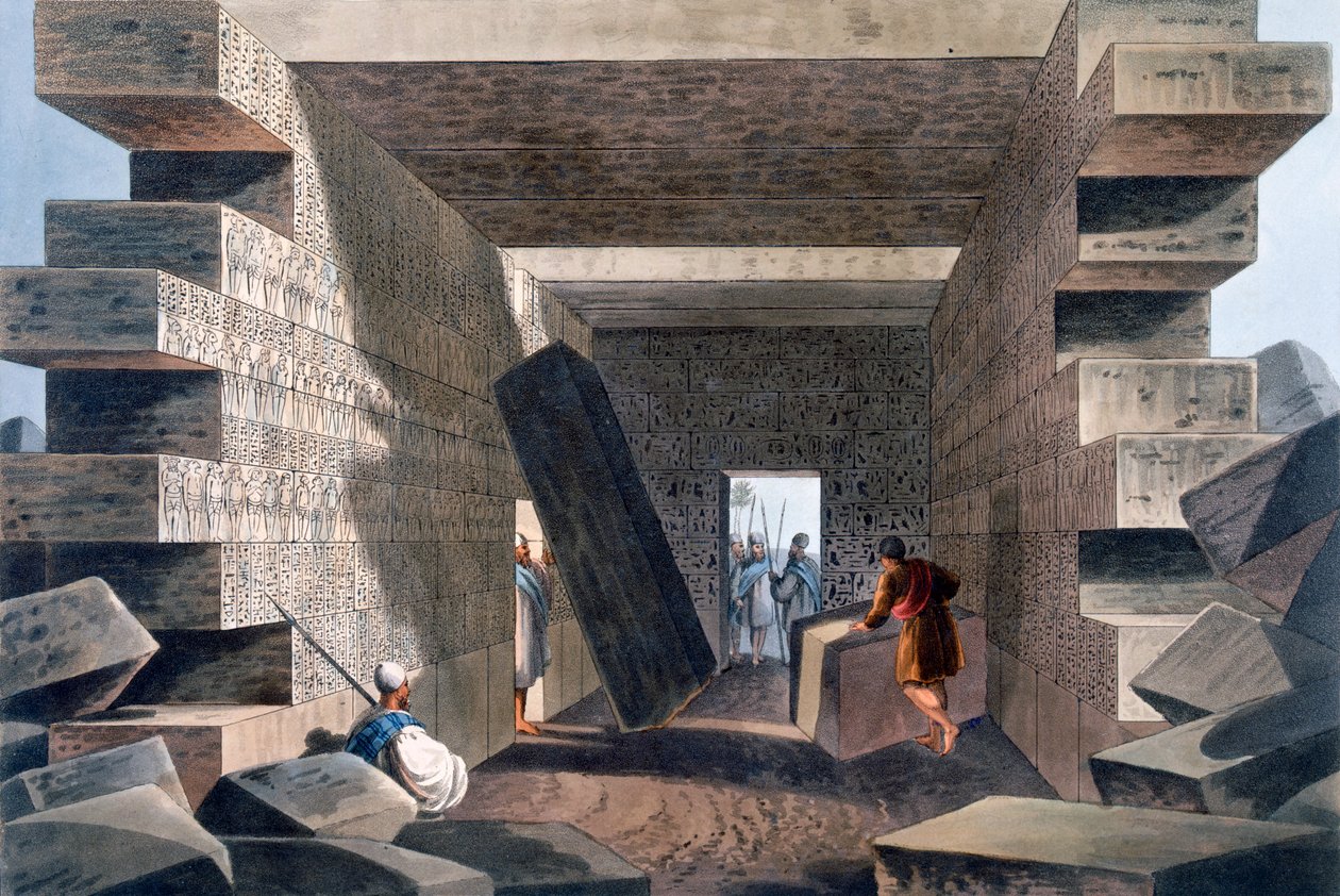 Interior do Templo de Júpiter Amon, perto de Alexandria, placa 71 de "Views in the Ottoman Dominions", publicado em Londres 1810 de Luigi Mayer