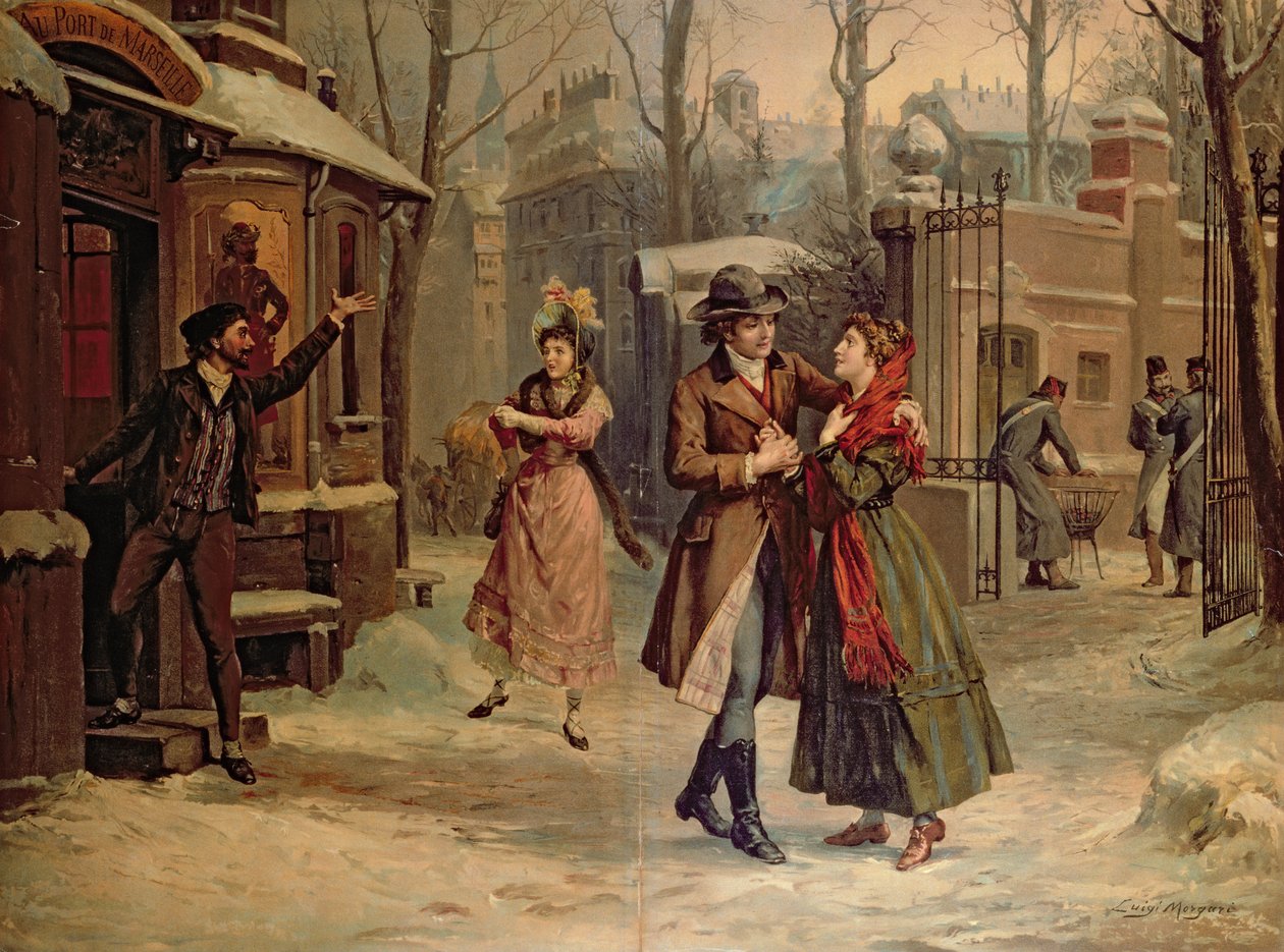 Cenário para a cena com Mimi e Rodolfo na ópera &39;La Boheme&39; de Giacomo Puccini (1858-1924) de Luigi Morgari