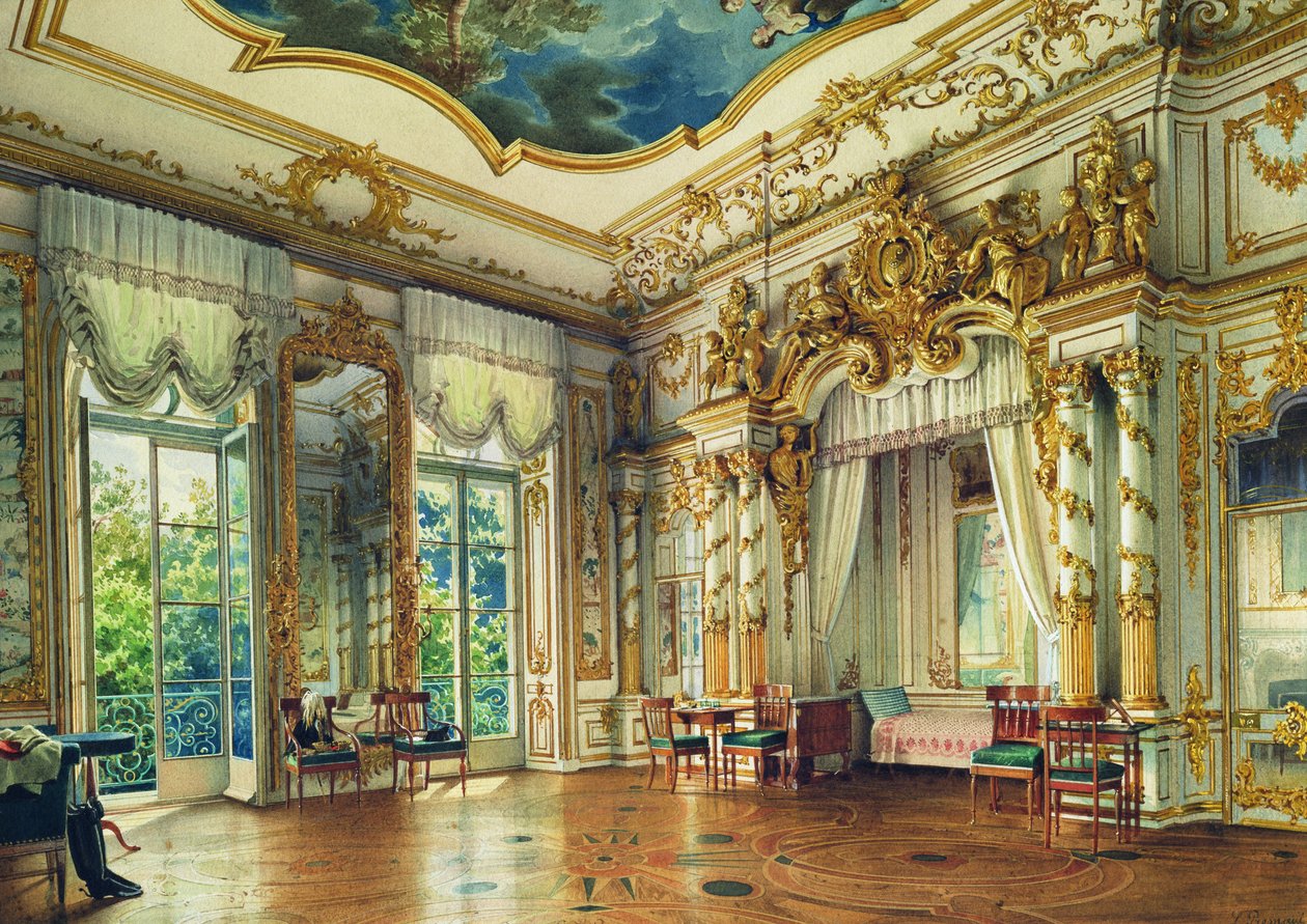 Quarto do czar Alexandre I no Palácio de Alexandre, Tsarskoye Selo, 1855 (wc e cor branca sobre papel) de Luigi Premazzi