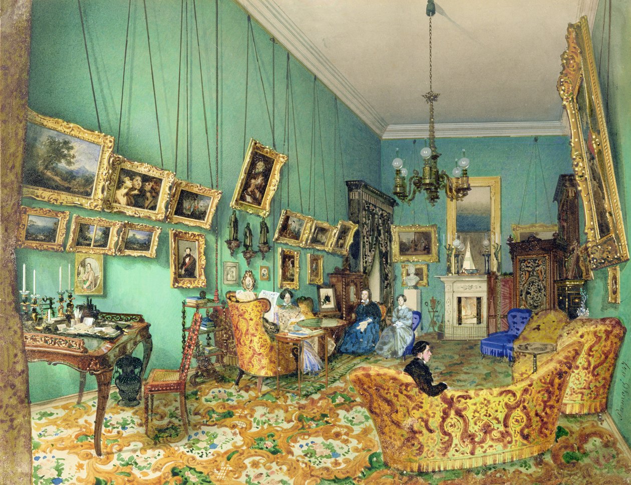 Interior de uma sala de estar, 1847 (cor branca e aquarela sobre papel) de Luigi Premazzi