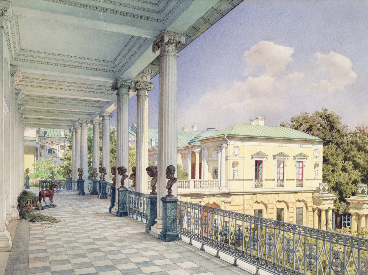 A Galeria Cameron em Tsarskoye Selo, 1859 (wc e cor branca sobre papel) de Luigi Premazzi