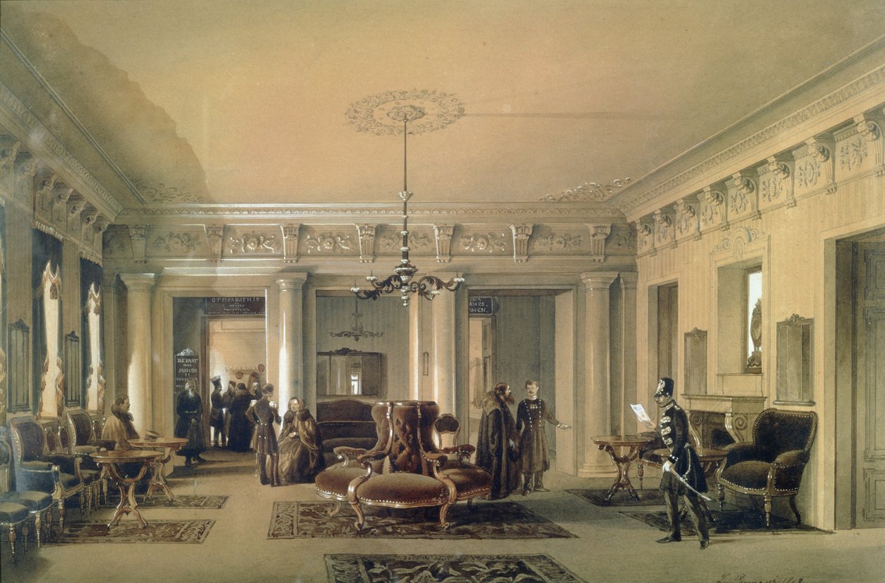 A Sala de Espera da Stagecoach Station, em São Petersburgo, 1848 (wc e guache sobre papel) de Luigi Premazzi