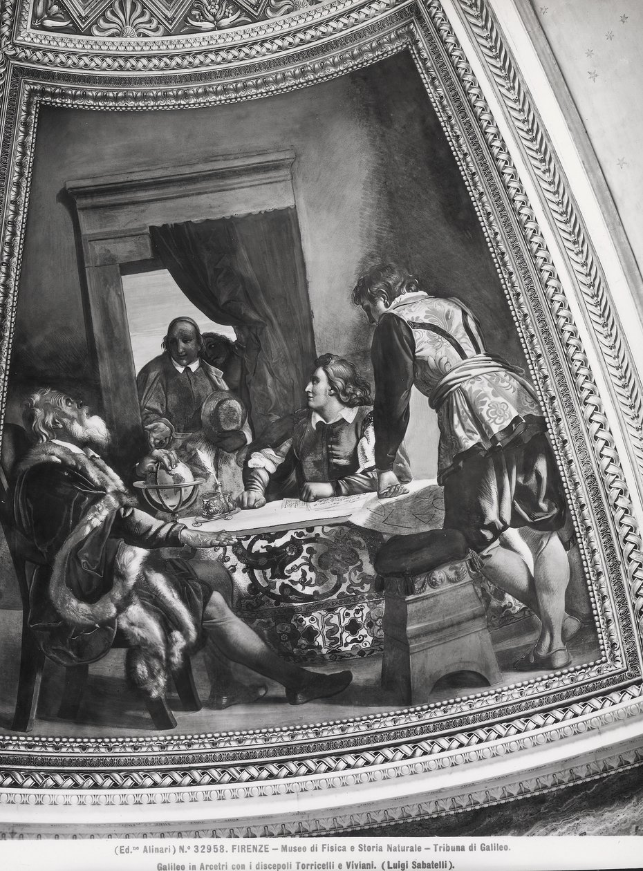 Galileo Galilei (1564-1642) em Arcetri com seus alunos, Evangelista Torricelli (1608-47) e Vincenzo Viviani (1622-1703) do Tribune of Galileo de Luigi Sabatelli