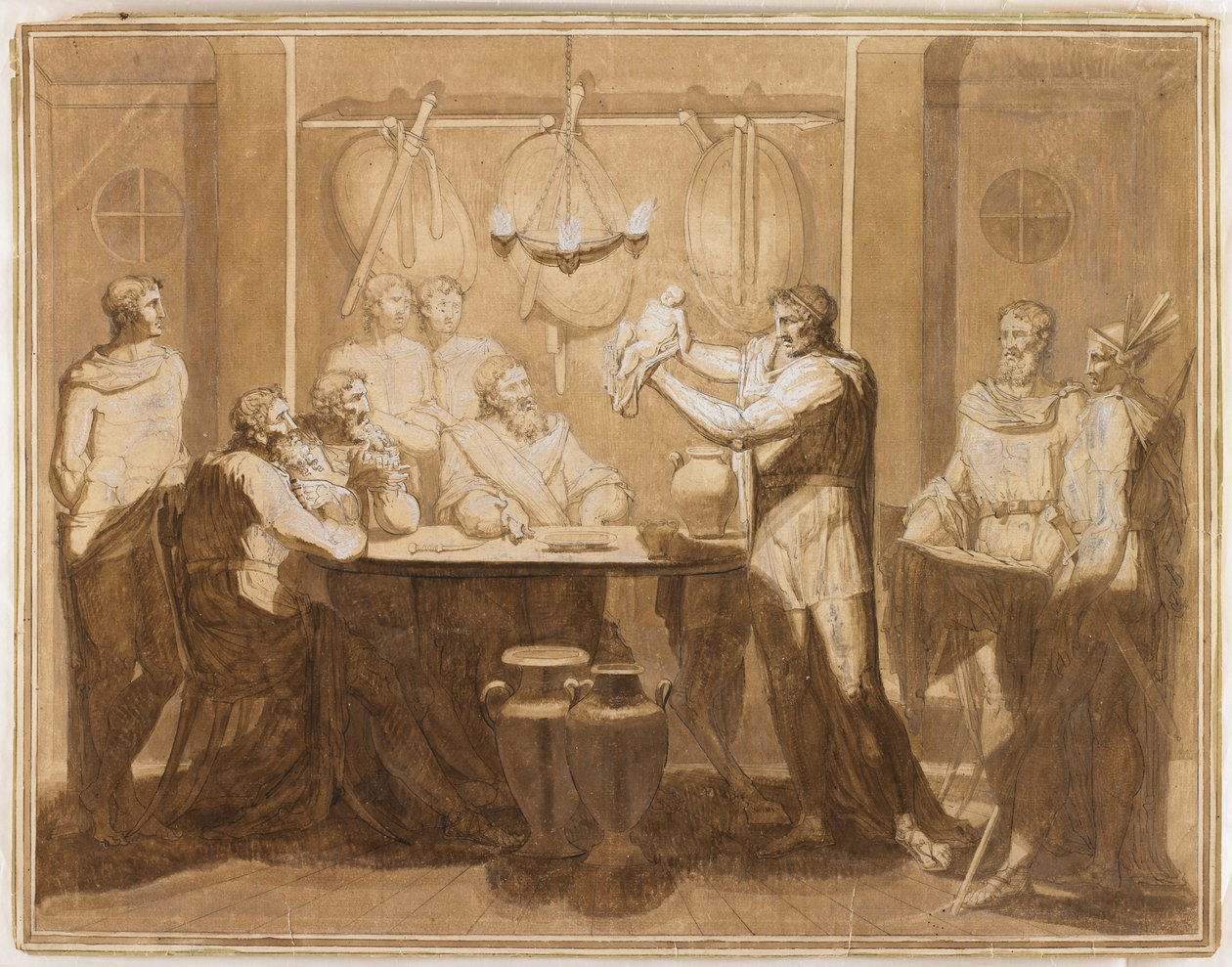 Pirro infantil antes de Glaucias (caneta e tinta marrom e lavagem, aumentada com branco sobre papel) de Luigi Sabatelli