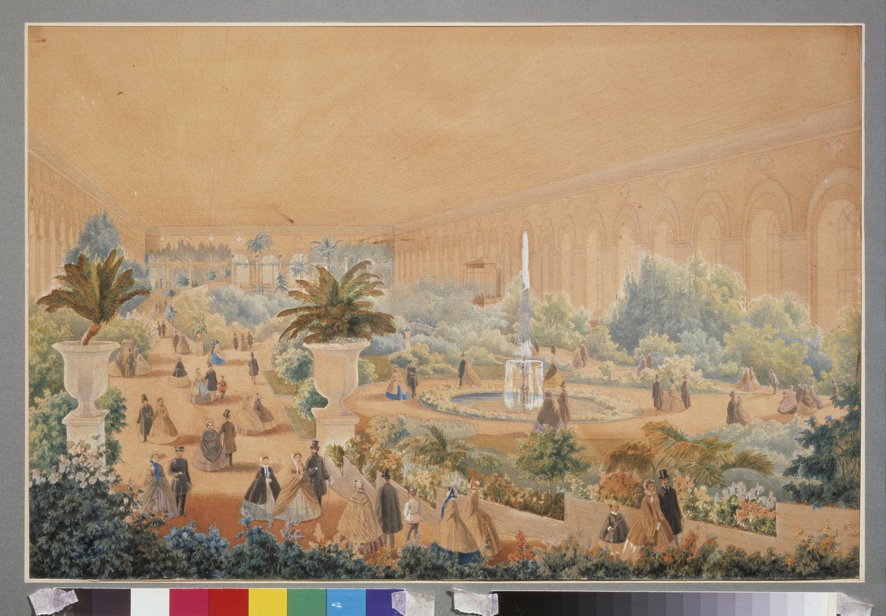 Exposição de flores no manège de Moscovo. Trabalho de Luigi Premazzi (1814-1891), aguarela e guache sobre papel de Luigi Premazzi
