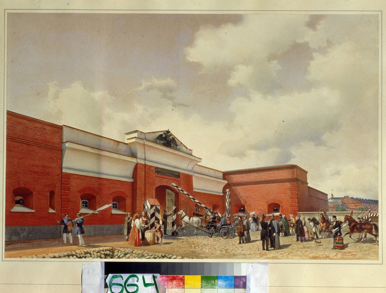 A fortaleza marítima de Kronstadt. O Portão de São Petersburgo. (A Fortaleza do Mar de Kronstadt. O Portão de São Petersburgo). Trabalho de Luigi Premazzi (1814-1891), aguarela sobre papel de Luigi Premazzi