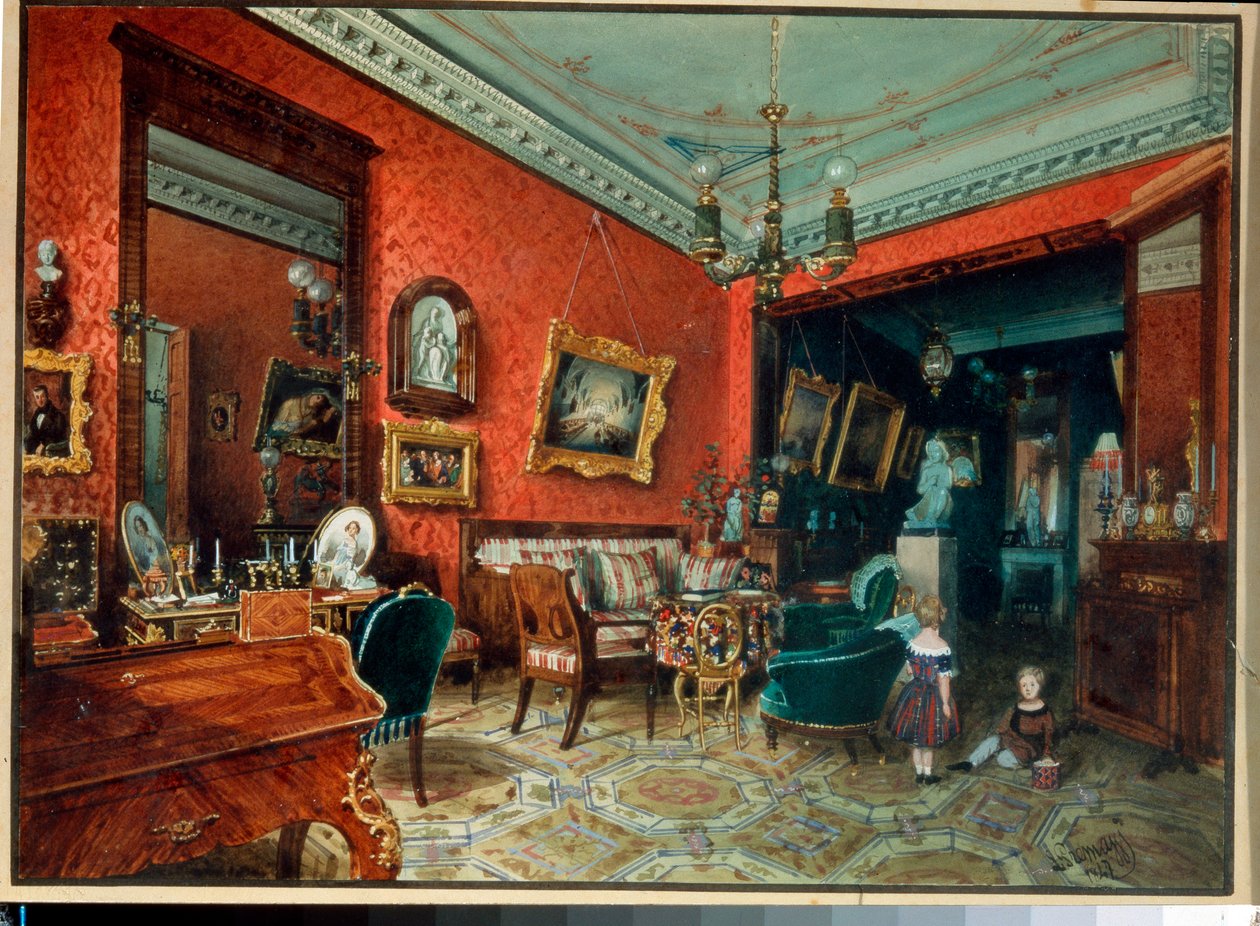 "Duas crianças a brincar na sala - Aguarela de Luigi Premazzi (1814-1891), ca. 1840 Colecção privada de Luigi Premazzi