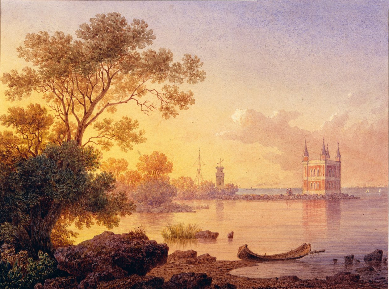 Vista do Pavilhão Rosa (Ozerki) em Peterhof (São Petersburgo). Trabalho de Luigi Premazzi (1814-1891), aguarela sobre papel. Arte italiana do século XIX, academismo. Museu Estatal ao Ar Livre Peterhof, São Petersburgo. de Luigi Premazzi