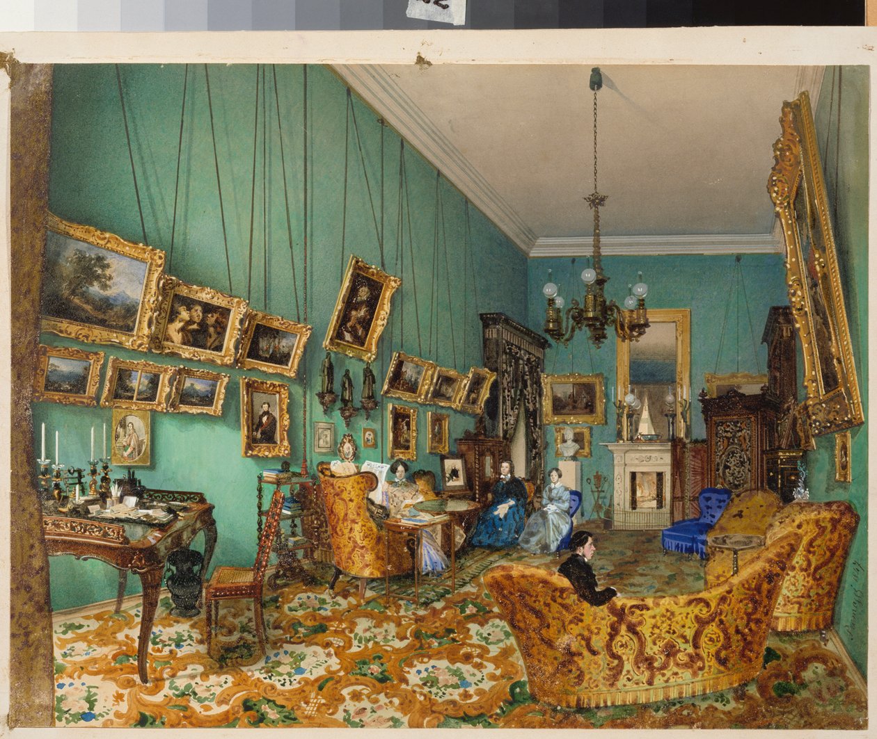 Interior de uma sala de estar. (descrição da decoração e móveis russos no século XIX). Obra de Luigi Premazzi (1814-1891), aquarela sobre papel de Luigi Premazzi