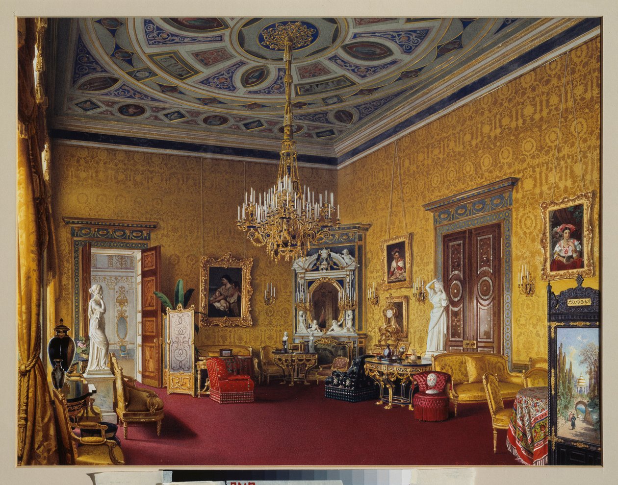 O Salão de Lyon (o Salão de Desenho Amarelo) do Grande Palácio de Tsarkoye Selo (Rússia). Obra de Luigi Premazzi (1814-1891), aquarela sobre papel de Luigi Premazzi