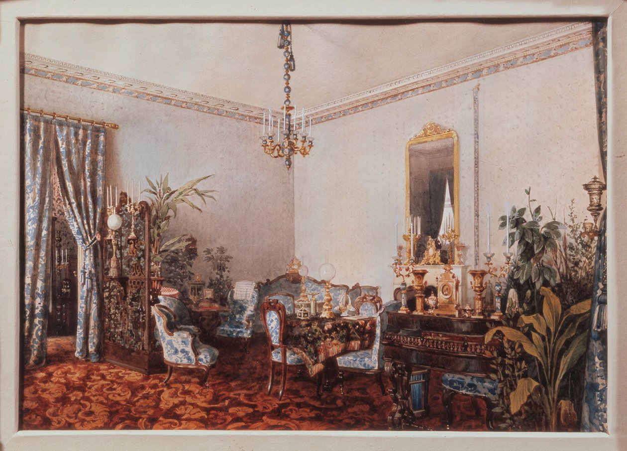 A sala de desenho na casa de Varvara Obreskova. Trabalho de Luigi Premazzi (1814-1891), aguarela sobre papel de Luigi Premazzi
